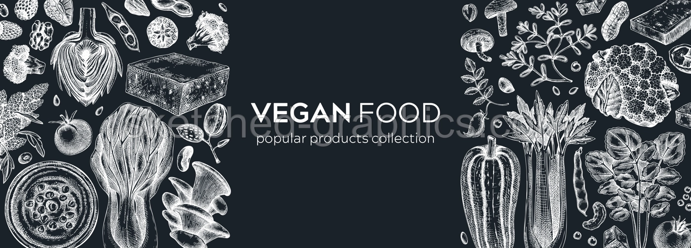 Vegan food banner on chalkboard. Healthy food background. Middle eastern cuisine frame. Hand drawn vegan meals and ingredients for menu, recipe, packaging design. Vegan food illustration Illustration
